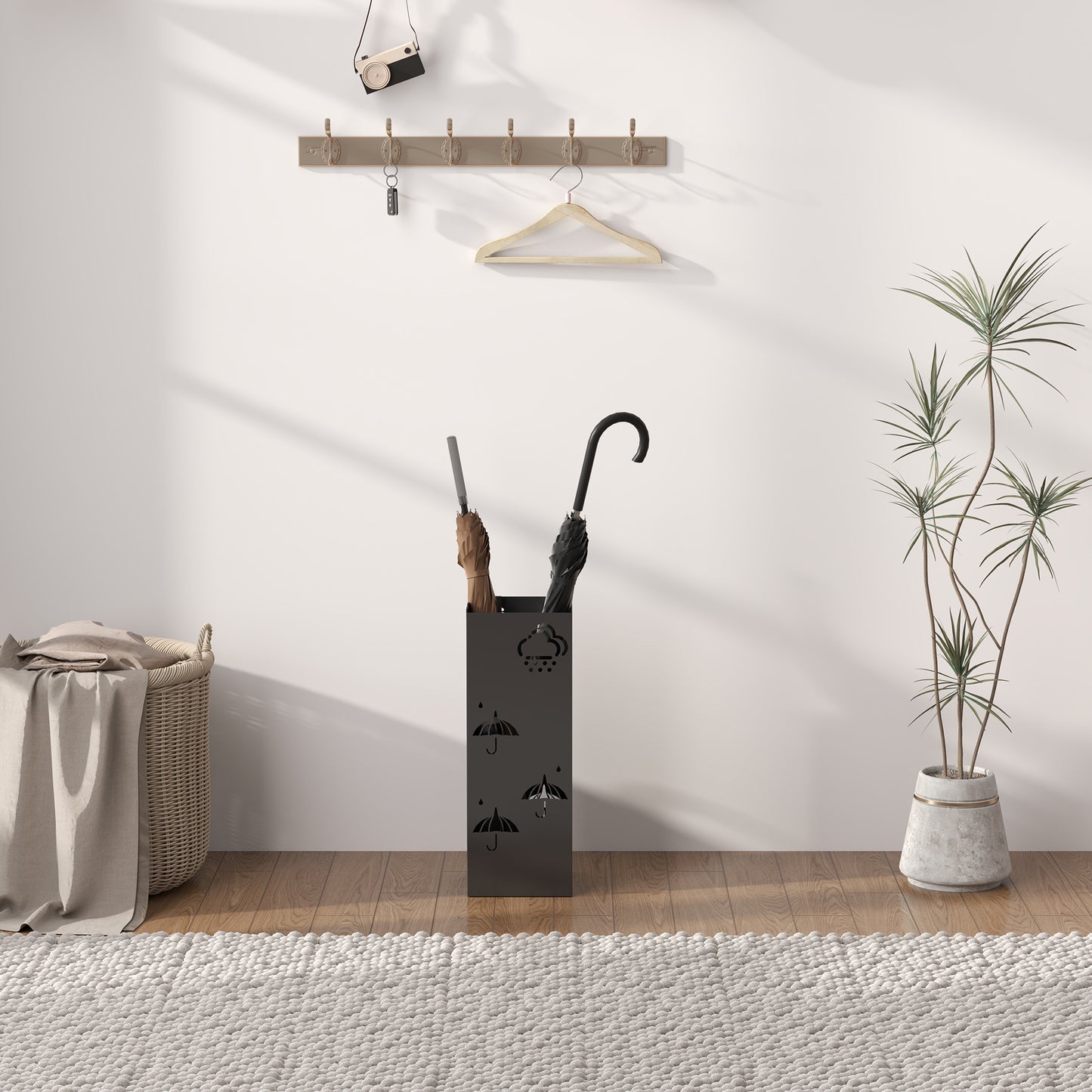 Metal Umbrella Stand, Square Umbrella Holder with Removable Drip Tray and 4 Hooks