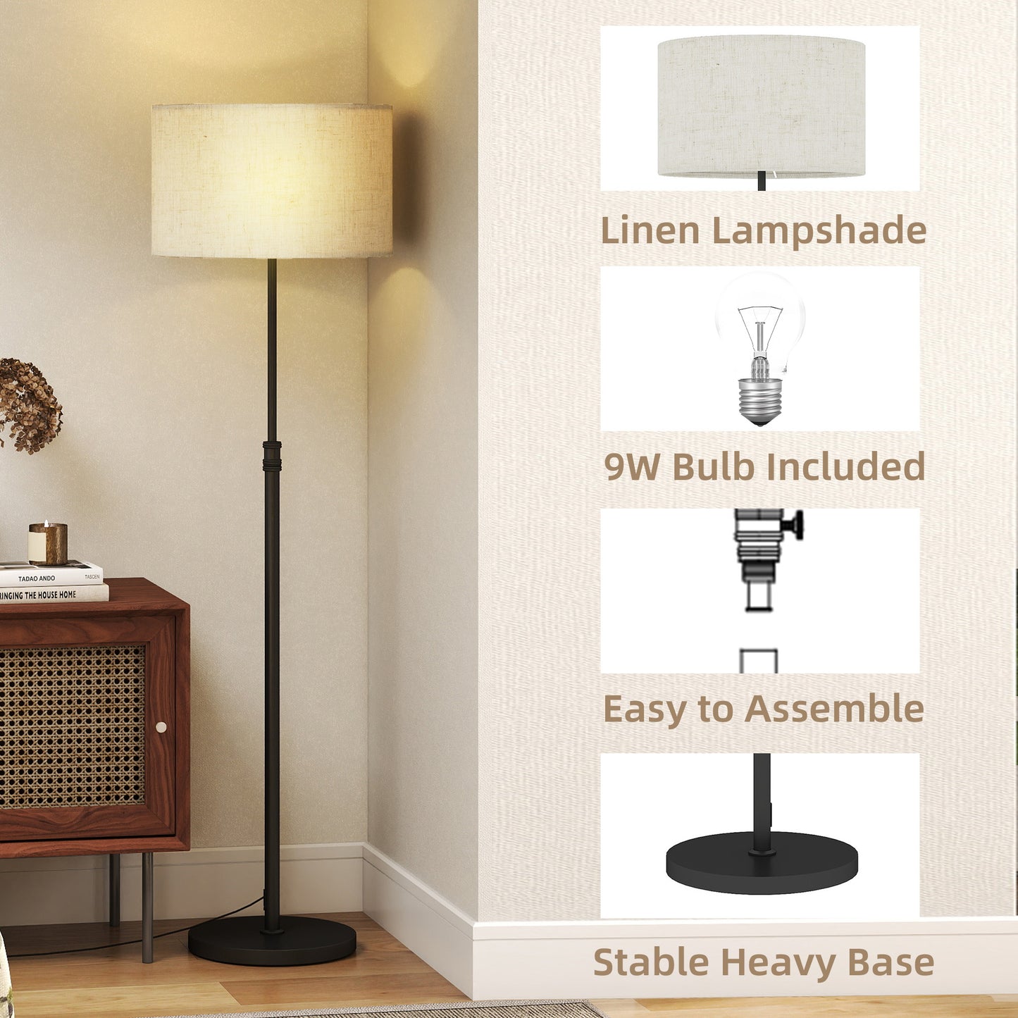 Floor Lamp with Remote, Height Adjustable Standing Lamp with Linen Shade