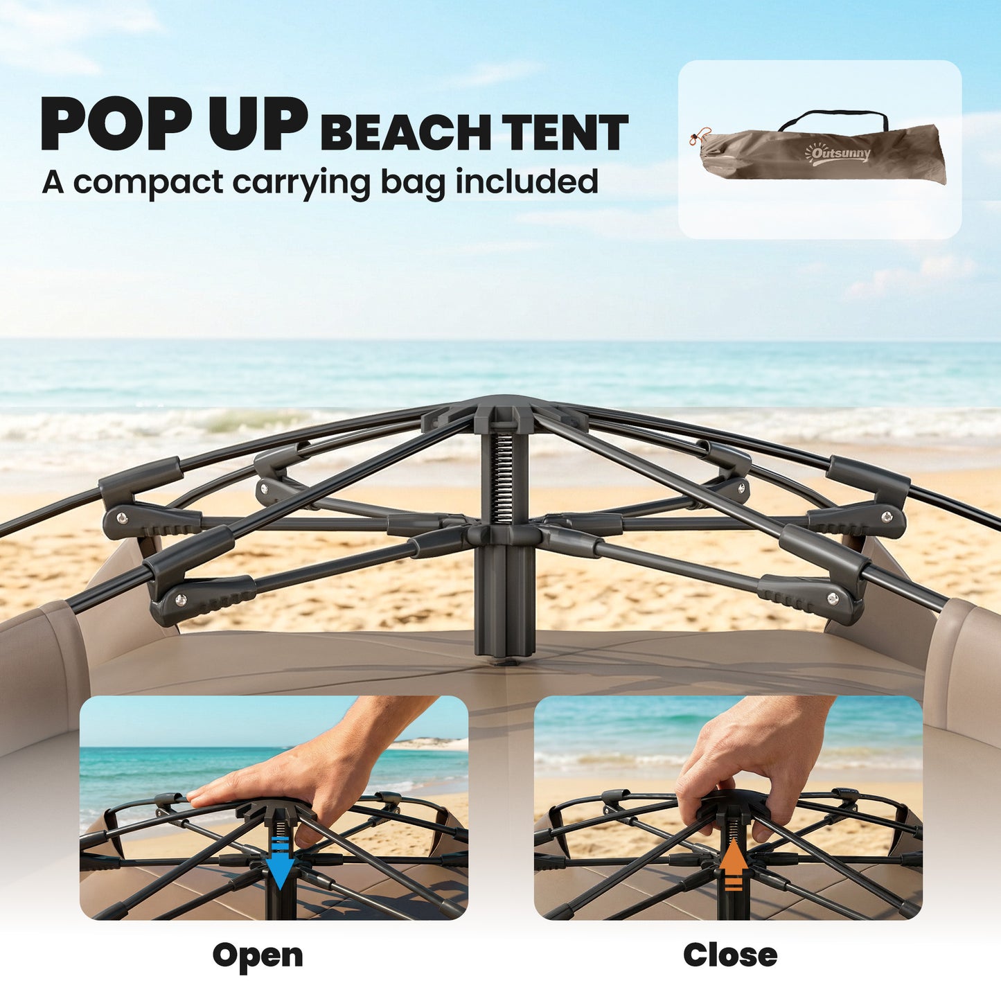 2-3 Person Pop Up Beach Tent, UPF15+ Sun Shelter with Extended Floor, Sandbags, Mesh Windows and Carry Bag, Brown