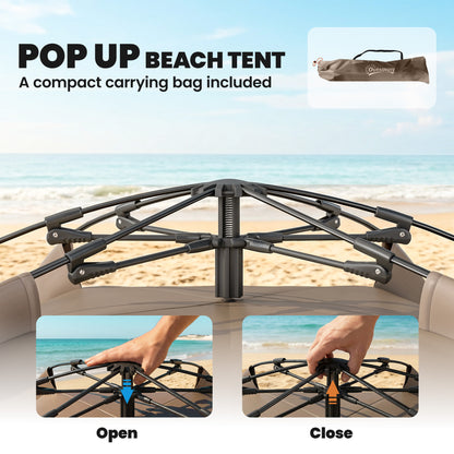 2-3 Person Pop Up Beach Tent, UPF15+ Sun Shelter with Extended Floor, Sandbags, Mesh Windows and Carry Bag, Brown