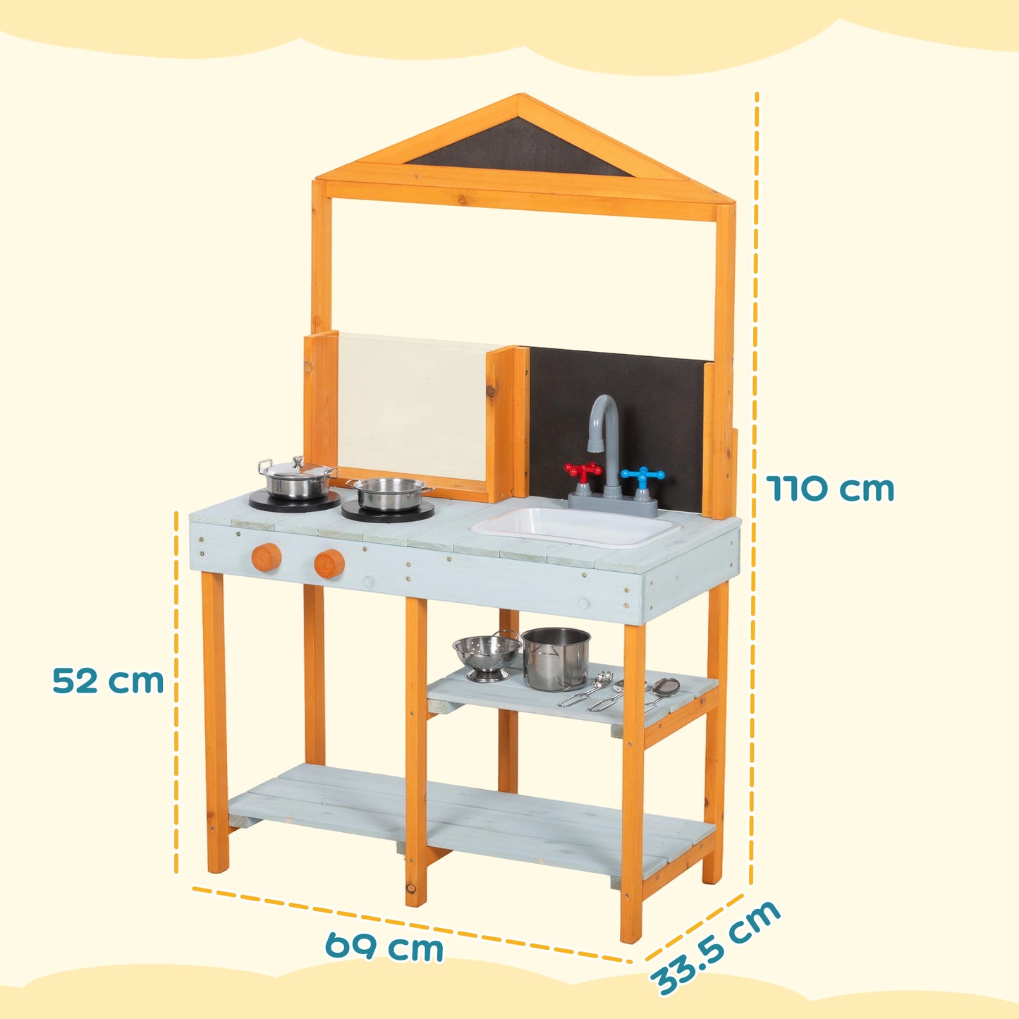 Mud Kitchen for Kids, Outdoor Wooden Play Kitchen with Sink, Stove, Cookware, Shelves, Pretend Play Toy for Ages 3-8