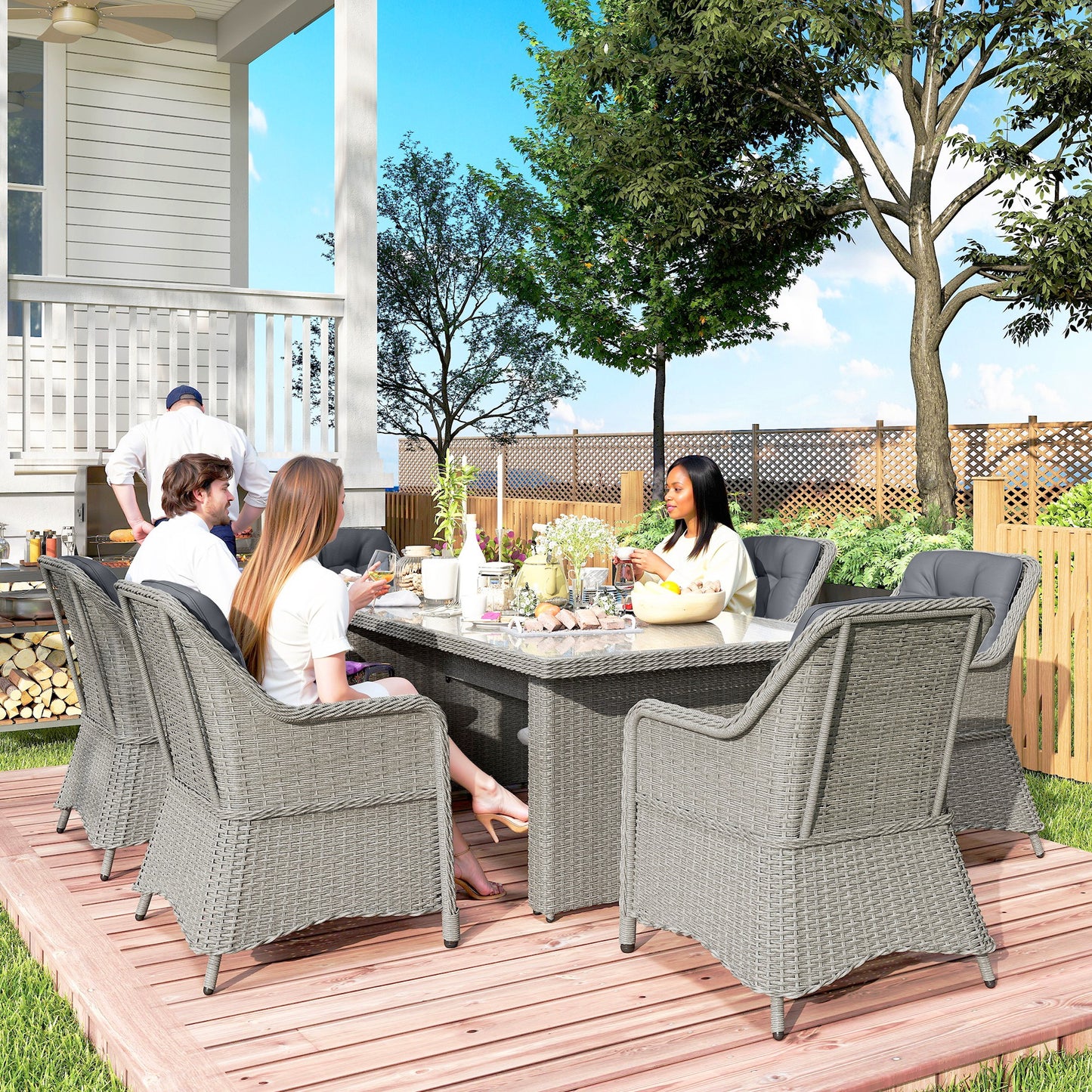 6 Seater Rattan Garden Dining Set with Cushions, Aluminium Outdoor Patio Furniture Set for Garden Gatherings & Outdoor Dining