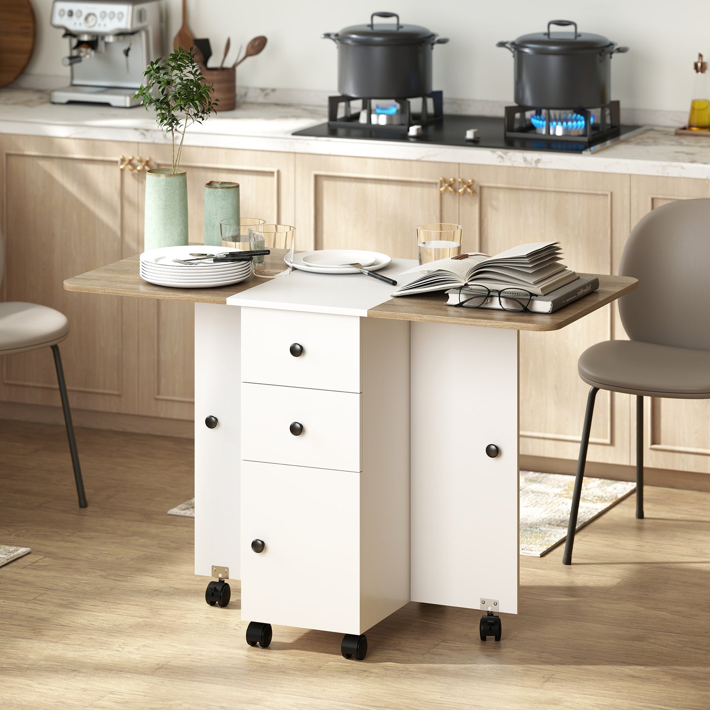 Multi-Storage Six-Person Drop Leaf Dining Table - Oak and White