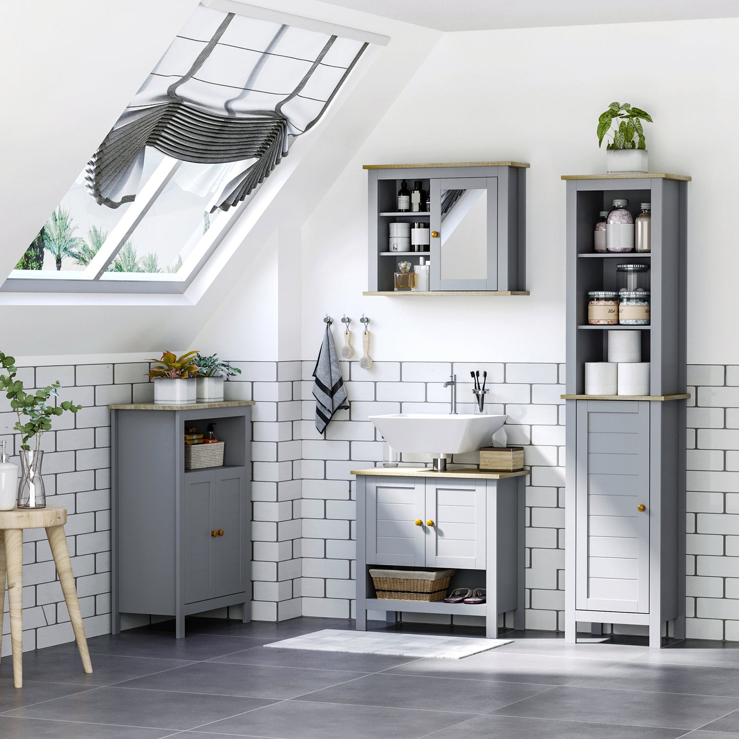 Bathroom Wall Mirror Cabinet, Cupboard with Door, Storage Cabinet with Adjustable Shelf for Corridors Living Rooms, Grey