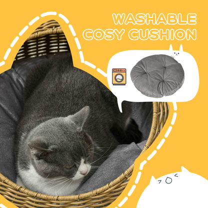 Wicker Cat House with Washable Cushion for Indoor Cats, Light Brown
