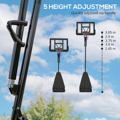 245-305cm Adjustable Basketball Hoop and Stand, with Wheels, Black