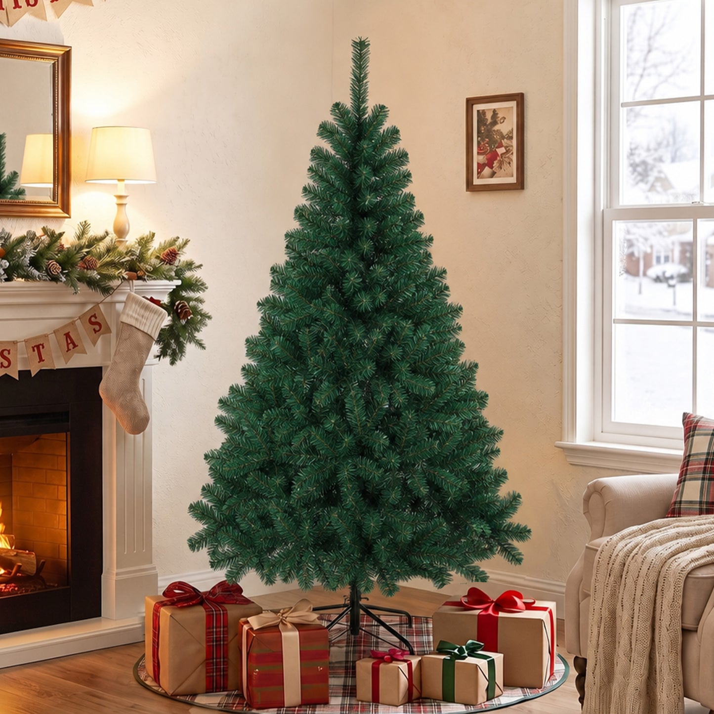 5ft Artificial Christmas Tree, Fir Hinged Xmas Tree with 420 Branch Tips, Foldable Steel Stand, Green
