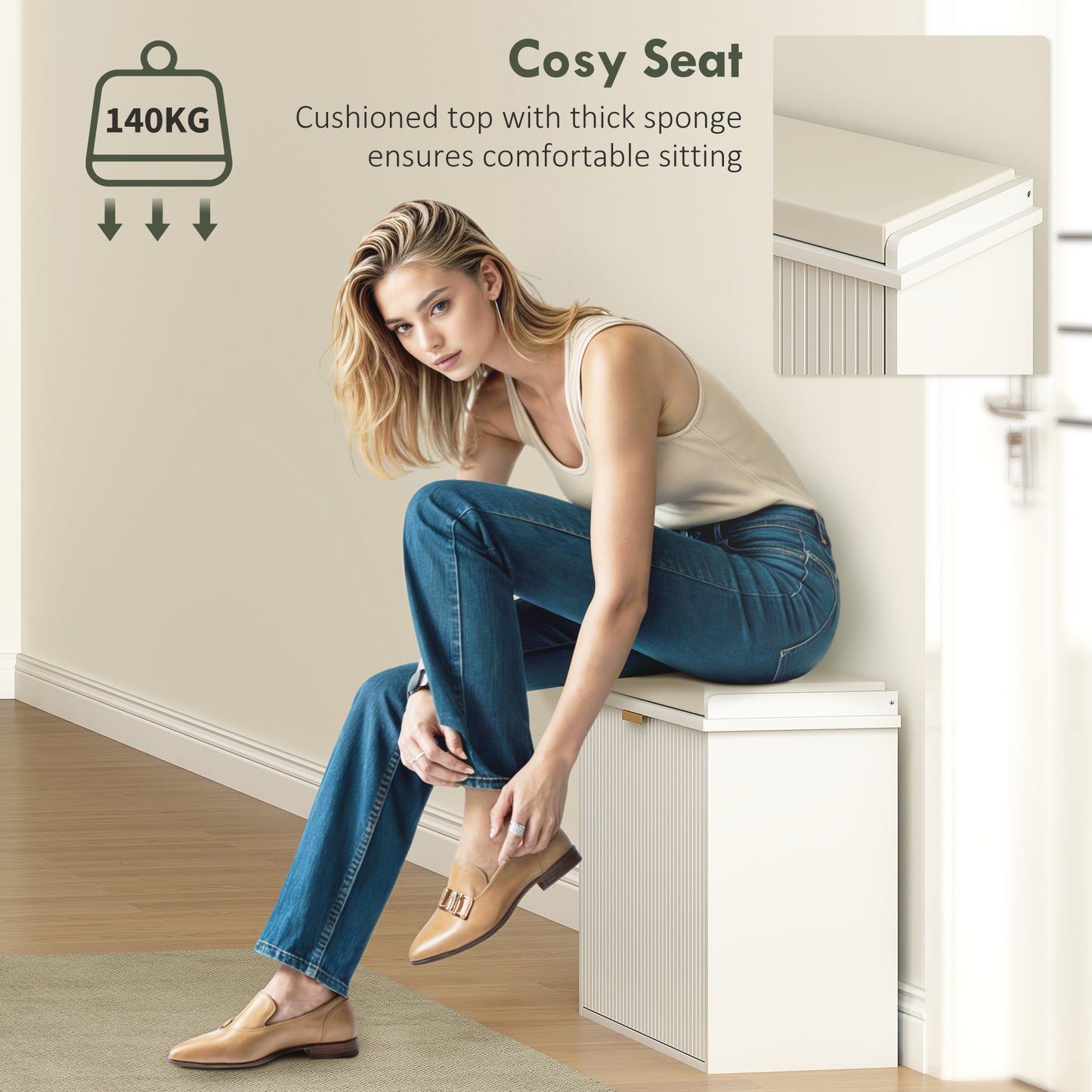 Elegant Six Shoe Bench, with Top Seat - White