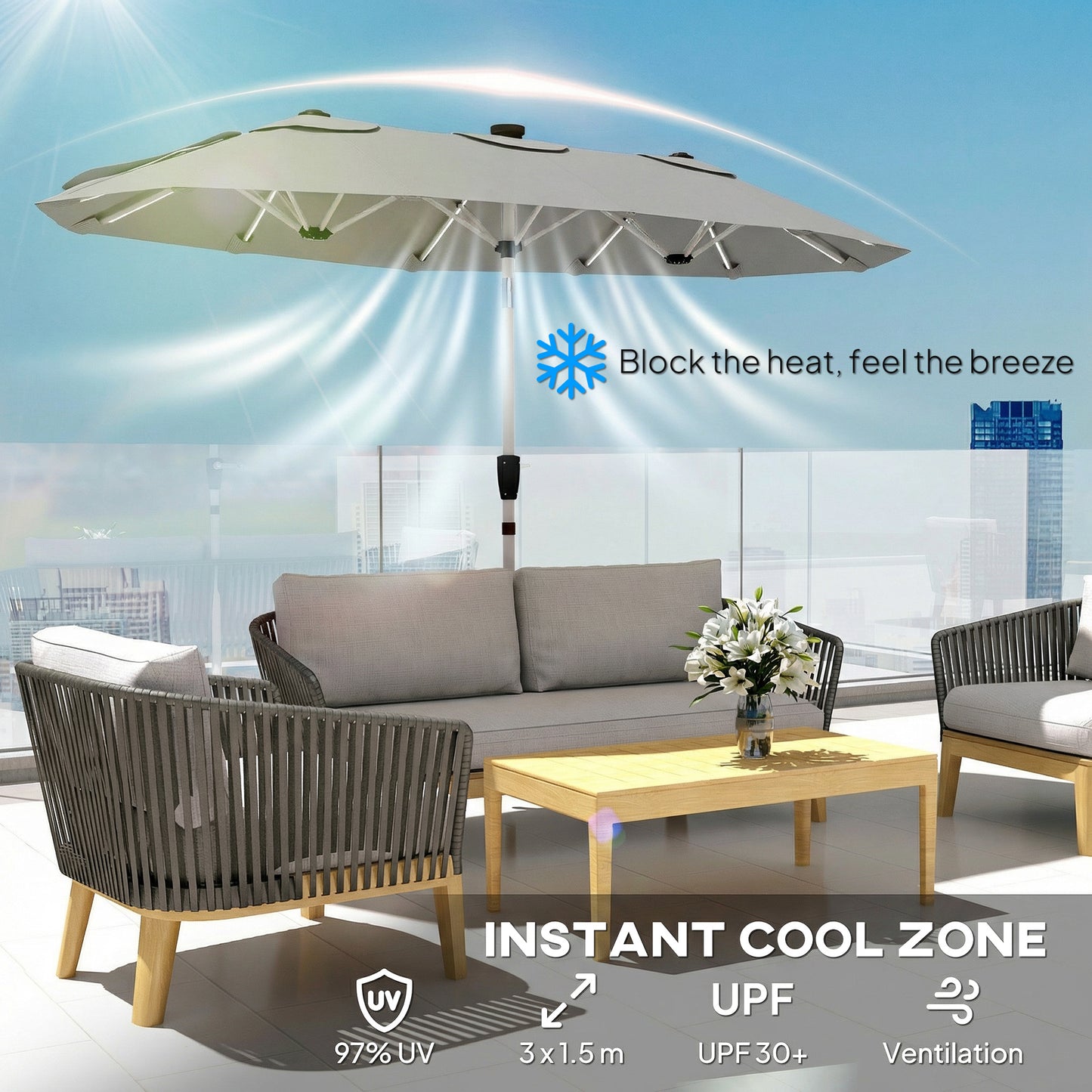 3 m Double-Sided Garden Parasol with LED Solar Lights, Tilt, Outdoor Extra Large Sun Umbrella with Crank Handle, Grey