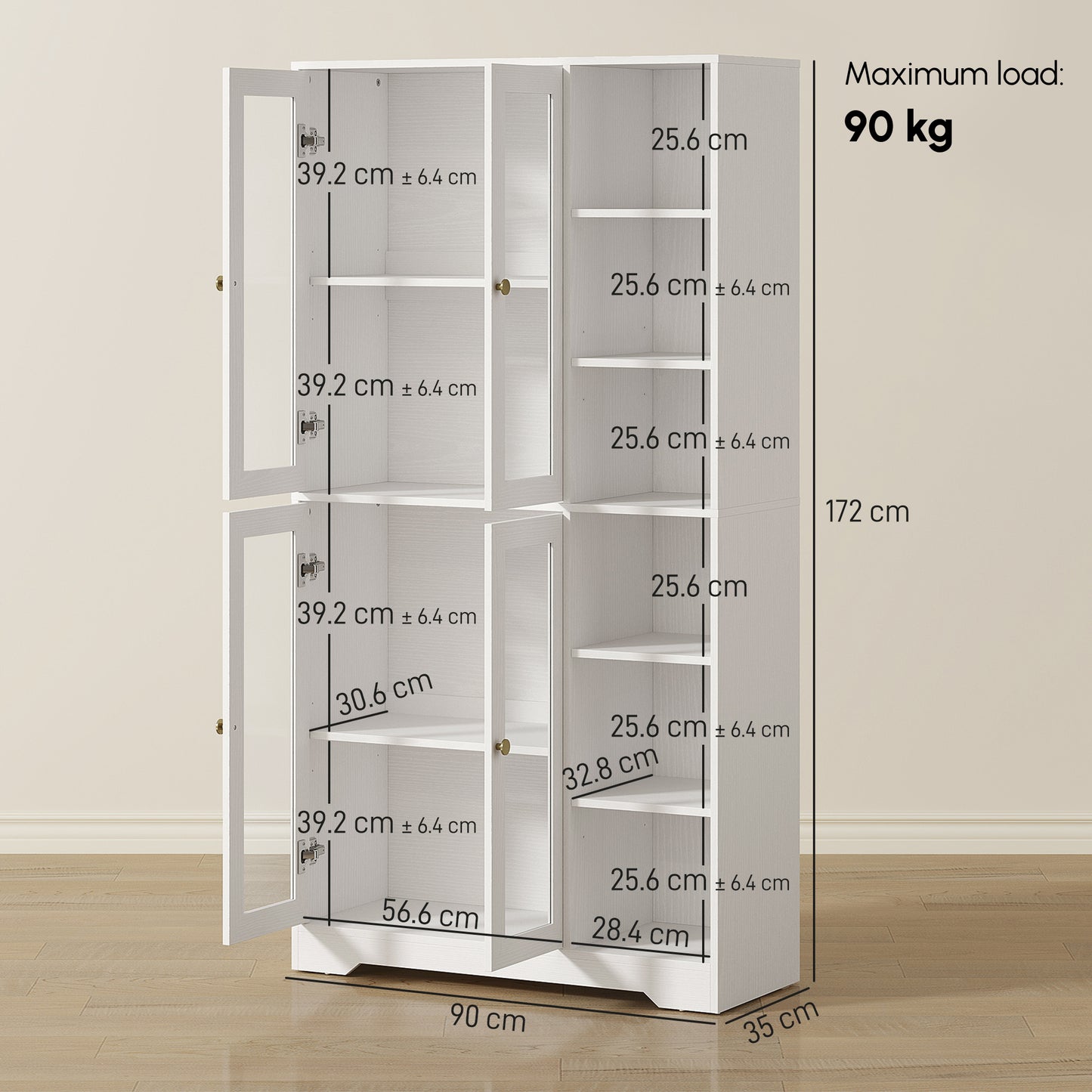 Multi-Storage Kitchen Cabinet, with Glass Doors - White Wood-Effect