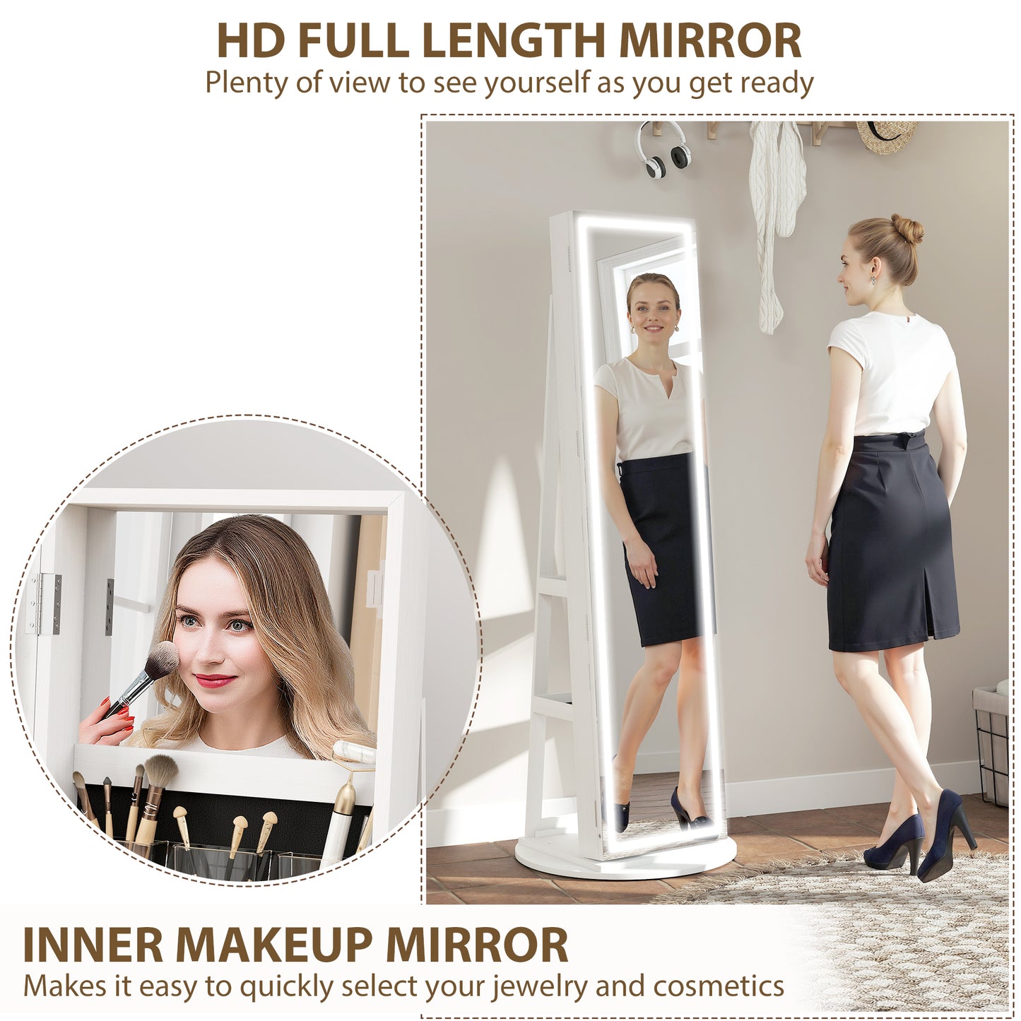Storage Jewellery Cabinet, with Mirror and Lights - White