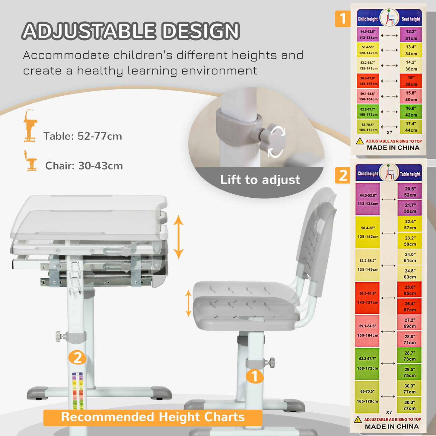 Kids Desk and Chair Set, Student Adjustable Writing Desk, with Drawer, Pen Slot, Hook - Grey