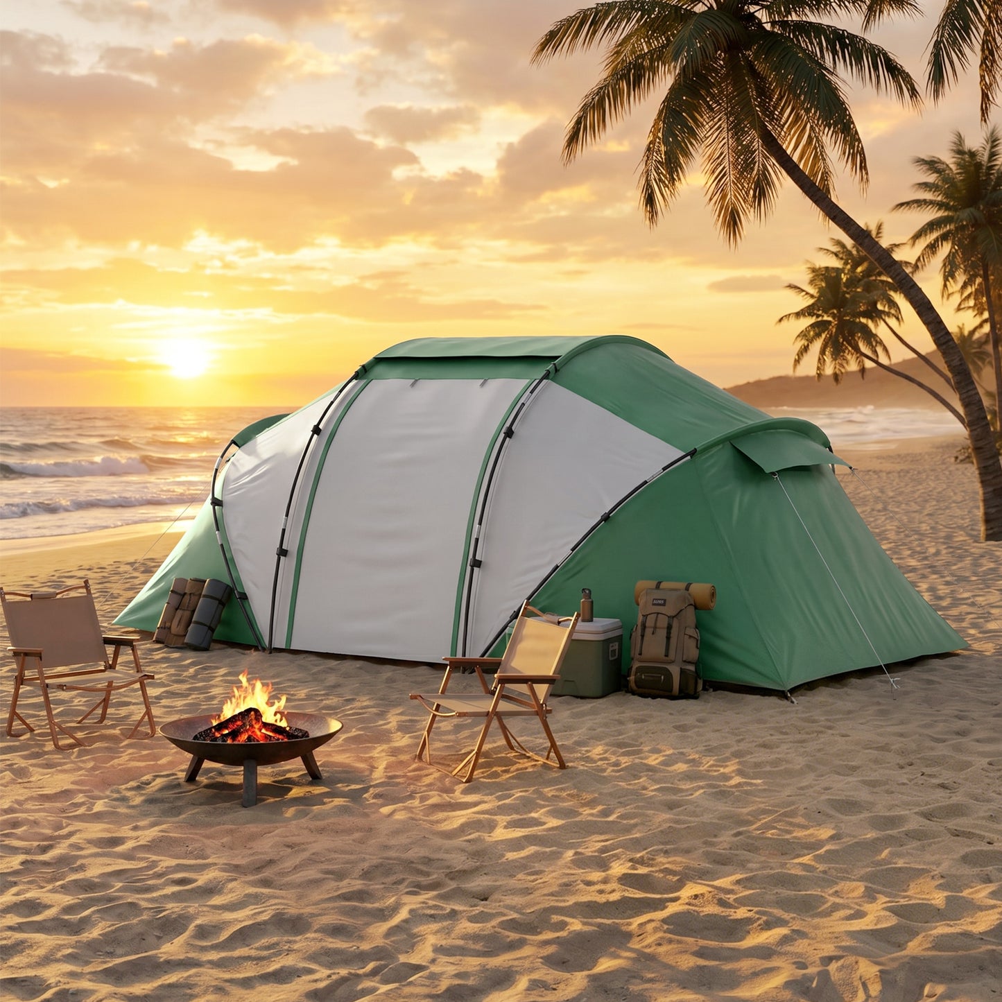 4 Man UV Protection Camping Tent - Green and White