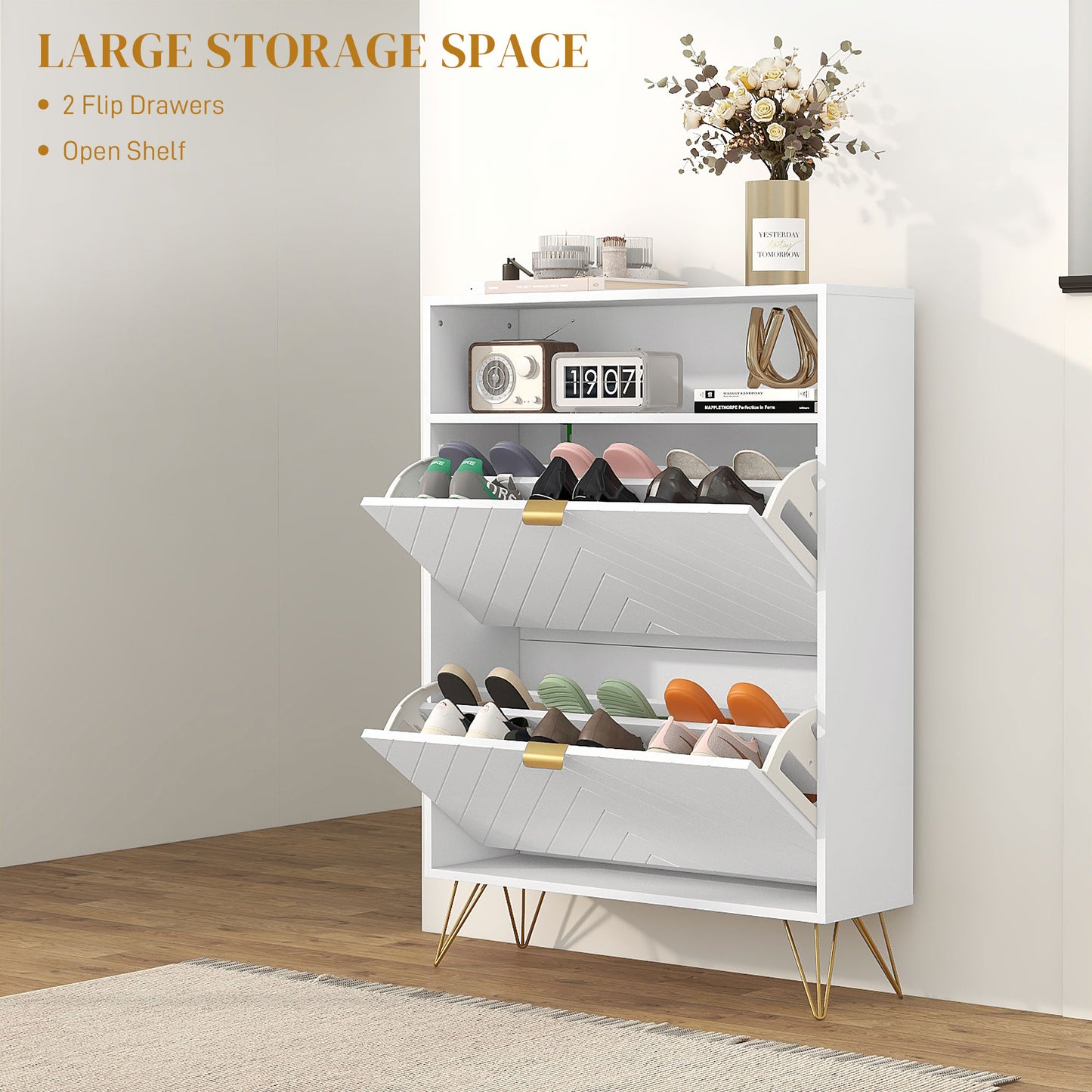 12 Shoe Storage Cabinet with Chevron Indents and Gold Tone Accents - White