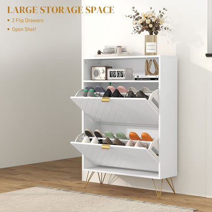 12 Shoe Storage Cabinet with Chevron Indents and Gold Tone Accents - White