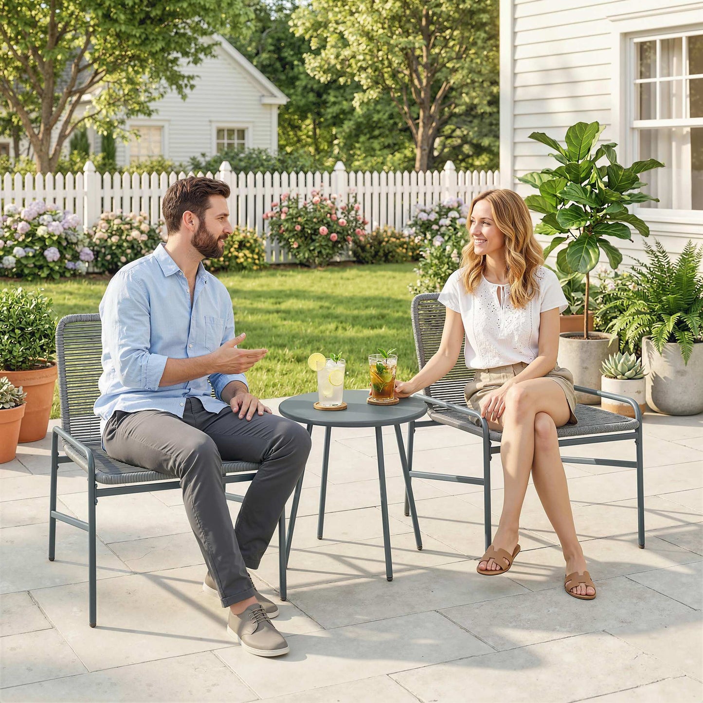 3 Piece Rattan Bistro Set, Outdoor Garden Furniture Set with 2 Chairs, Round Coffee Table for Patio, Balcony, Dark Grey