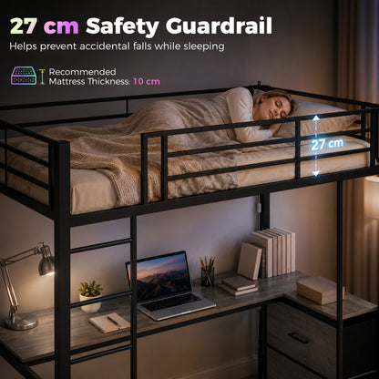 Metal Bunk Bed with Desk, High Sleeper Bed with LED Light and Safety Guardrail for Teens Adults, No Box Spring Needed