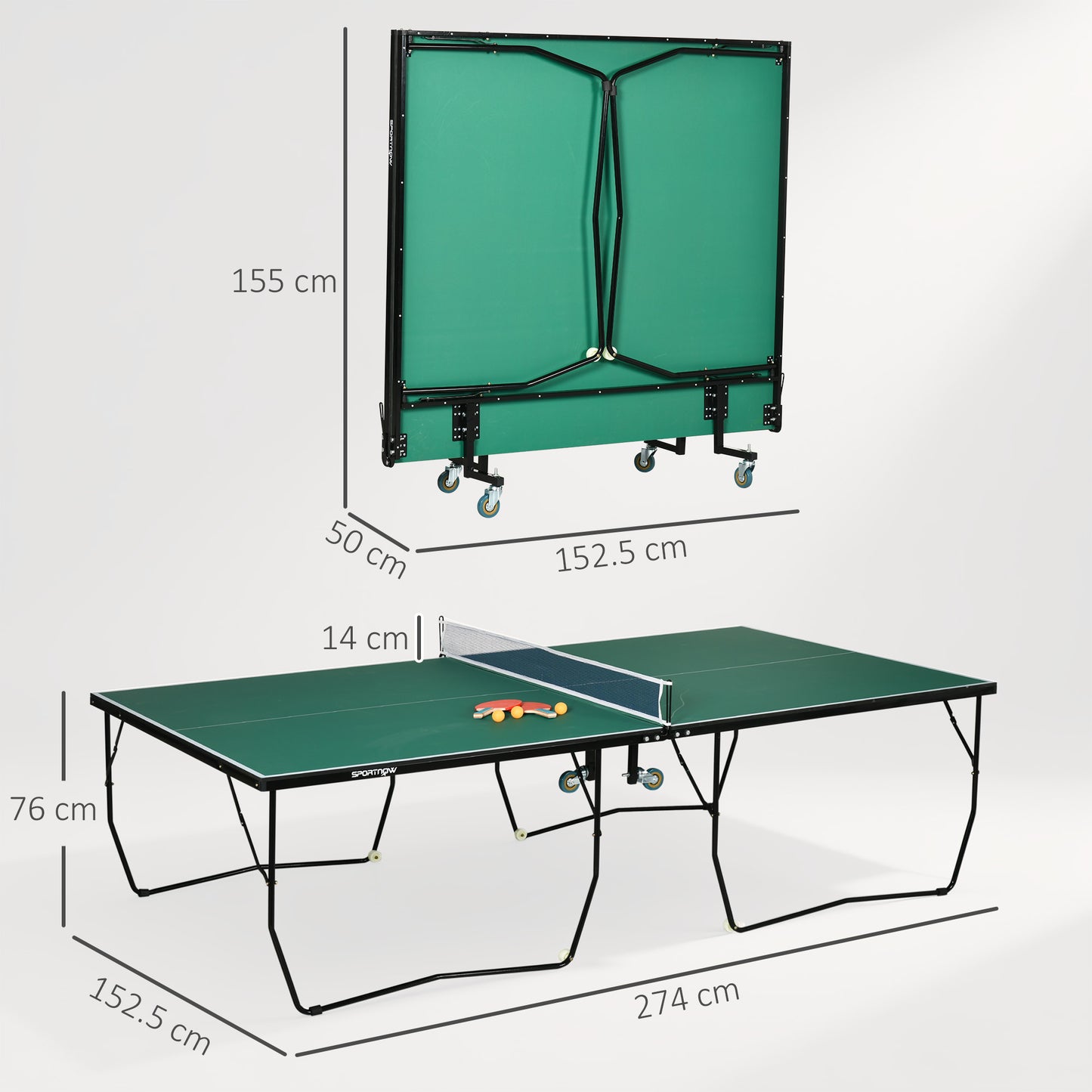 9FT Folding Tennis Table, with 8 Wheels, for Indoor Use, Green