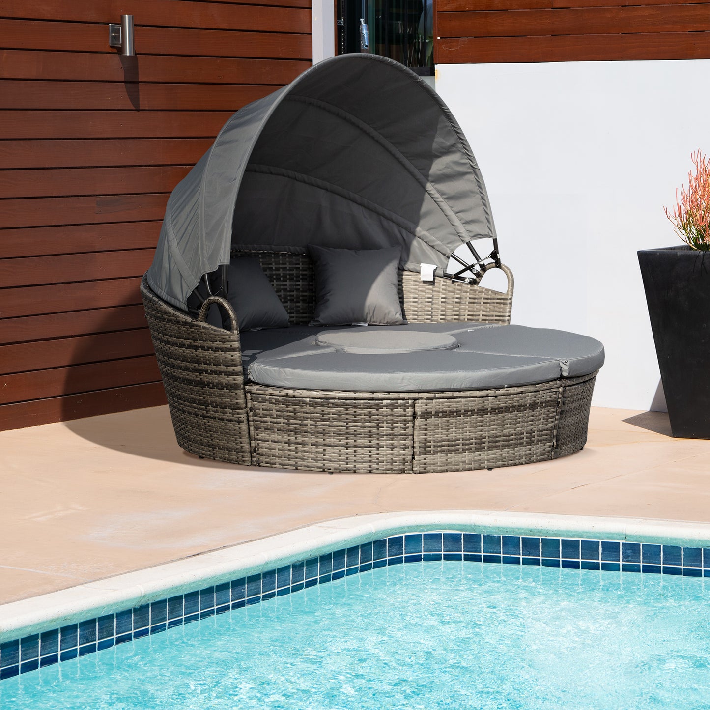 Outdoor PE Rattan Garden Furniture with Cushioned, Patio Wicker Conversation Furniture Set, Round Daybed