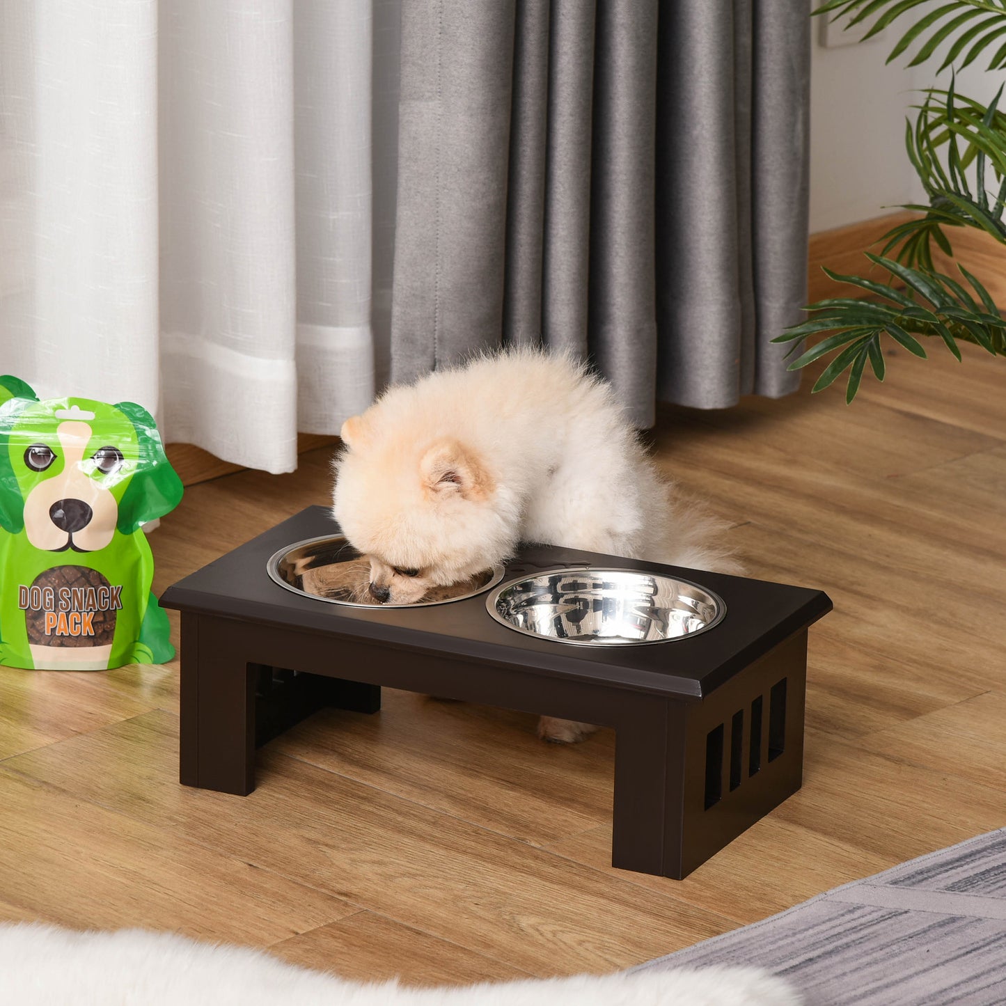 Raised Dog Feeding Bowls with Stand, Stainless Steel for Medium Dog, 58L x 31W x 25H cm - Brown