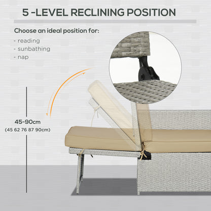 5PC PE Rattan Sun Lounger, Outdoor Wicker 5-level Adjustable Recliner Sofa Bed with Storage Side Table and Footstools