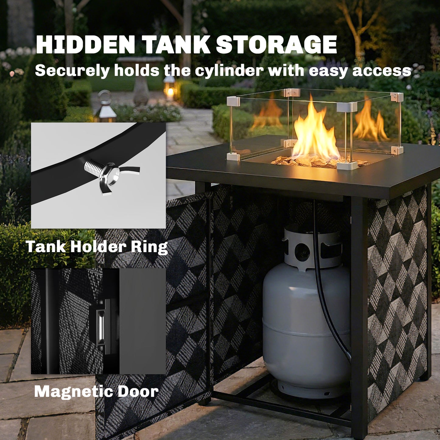 Square Propane Gas Fire Pit Table,12 KW Firepit Outdoor Patio Heater with Glass Wind Guard, Lava Rocks, Gas Tank Holder