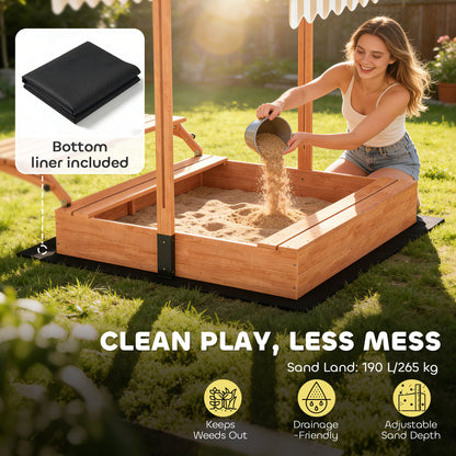Kids Sand Pit with Lid, Wooden Sandpit with Canopy, Foldable Picnic Table, Bench Seats, Bottom Liner for Patio Garden