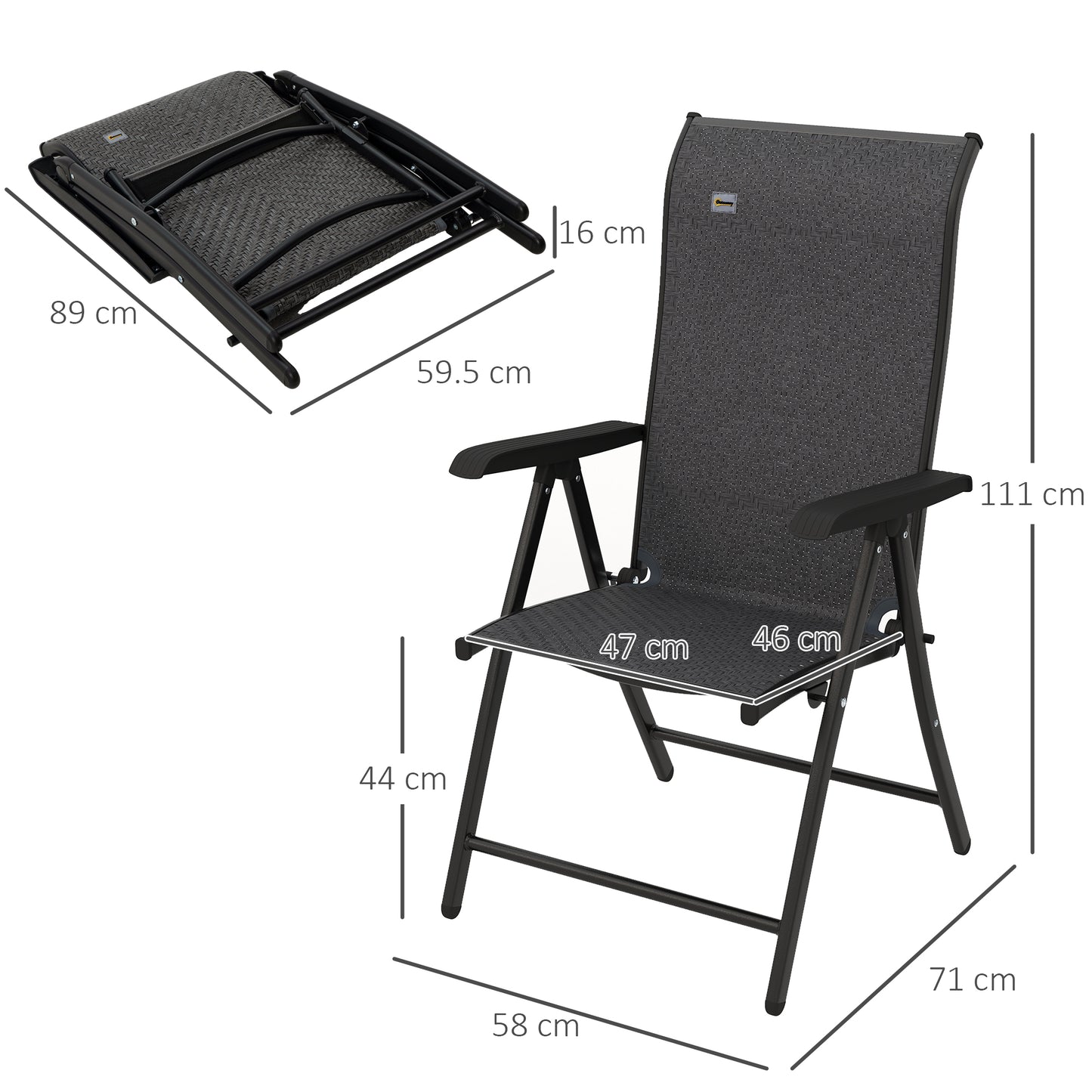 Set of Four Folding Garden Chairs, with Seven-Position Adjustable Backs, Grey