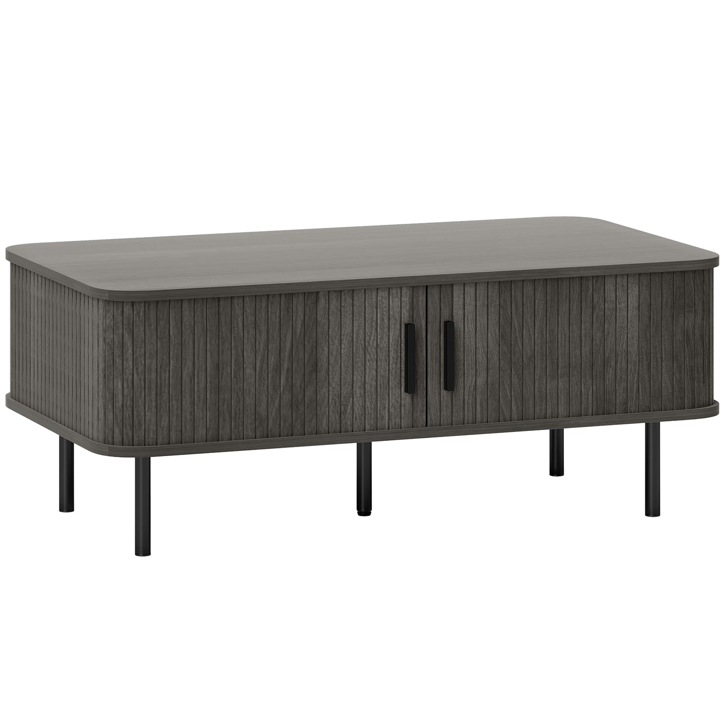 Coffee Table with Storage, Living Room Table with Slatted Tambour Sliding Doors and Adjustable Foot Pads