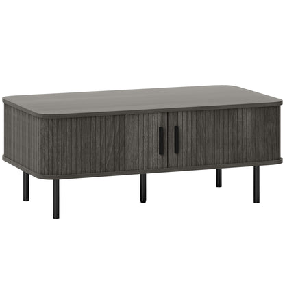Coffee Table with Storage, Living Room Table with Slatted Tambour Sliding Doors and Adjustable Foot Pads
