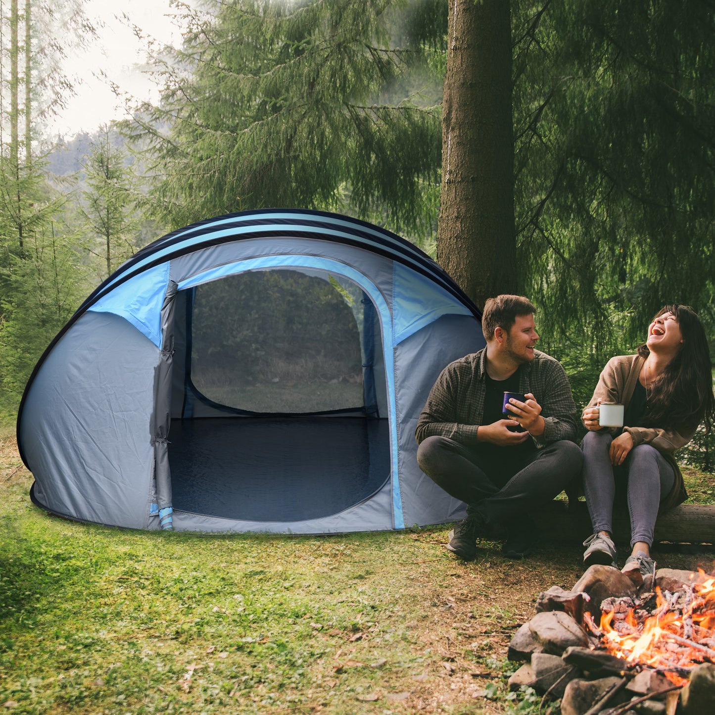4 Person Pop-up Camping Tent, Family Dome Tent with Ground Sheet, 4 Windows and Portable Carry Bag for Beach Outdoor Trip