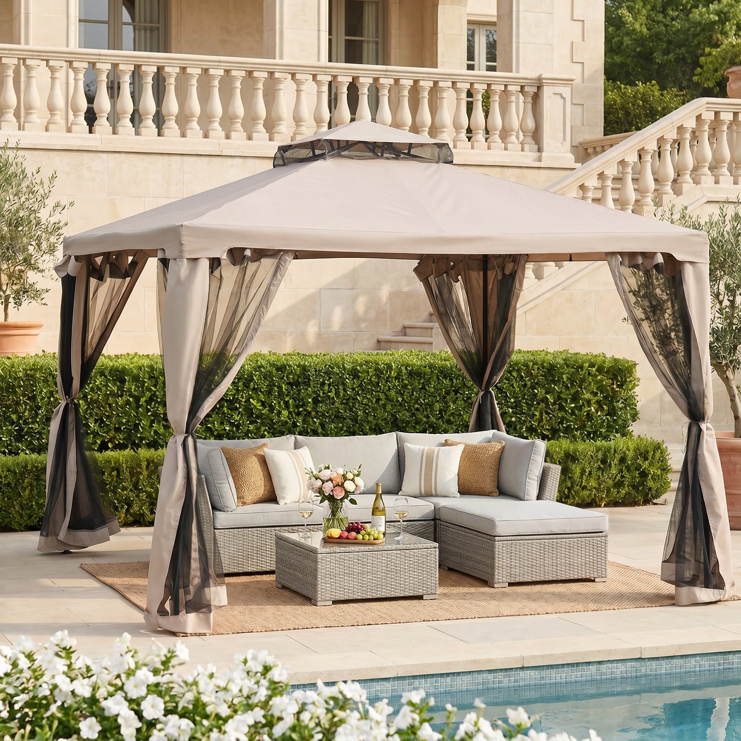 Outdoor Gazebo, 2-tier Roof with Netting for Garden Patio, 295L x 295W x 263Hcm, Taupe