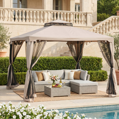 Outdoor Gazebo, 2-tier Roof with Netting for Garden Patio, 295L x 295W x 263Hcm, Taupe