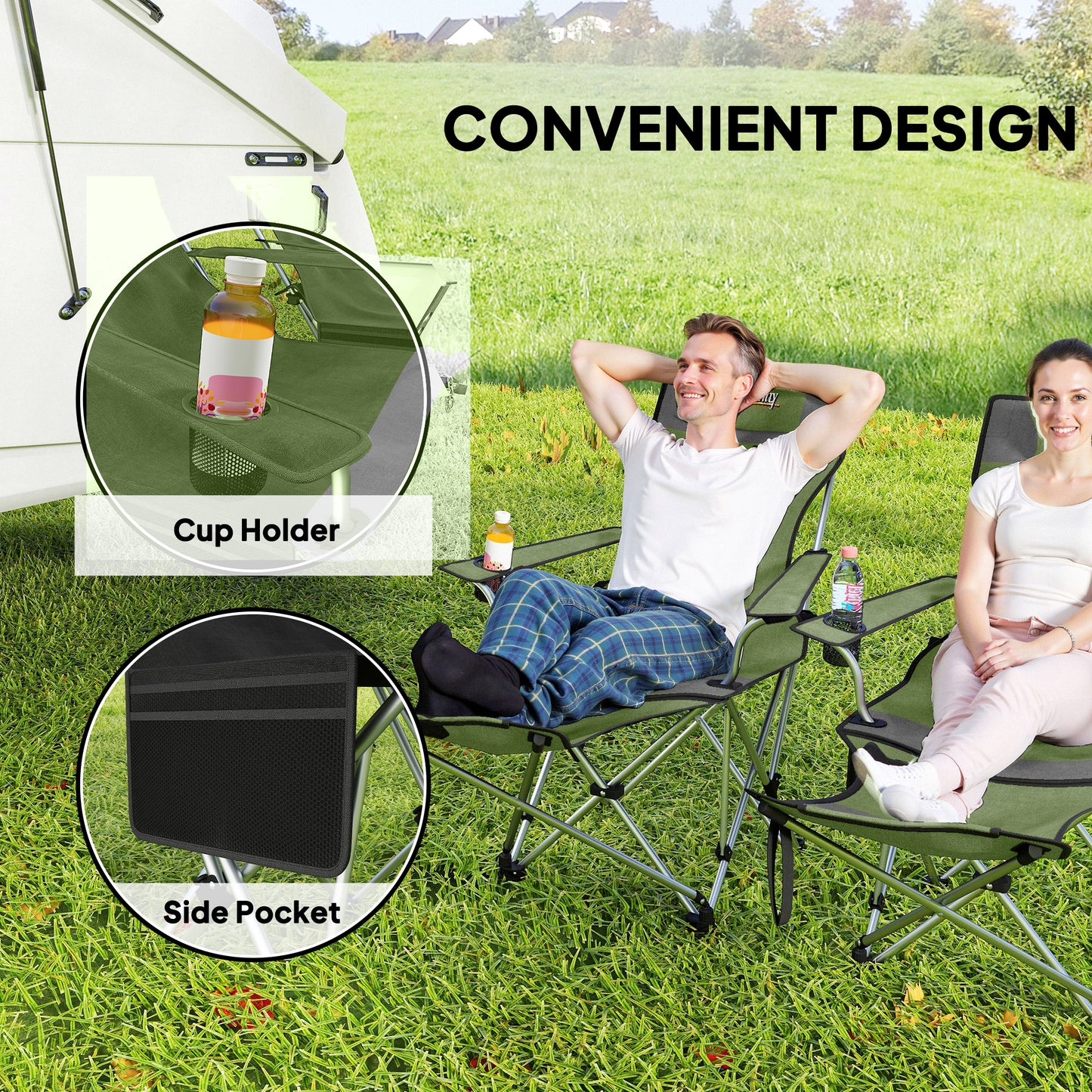 Set of 2 Reclining Folding Camping Chair w/ Detachable Footrest, Storage Bag, Cup Holder & Headrest