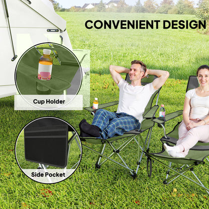 Set of 2 Reclining Folding Camping Chair w/ Detachable Footrest, Storage Bag, Cup Holder & Headrest
