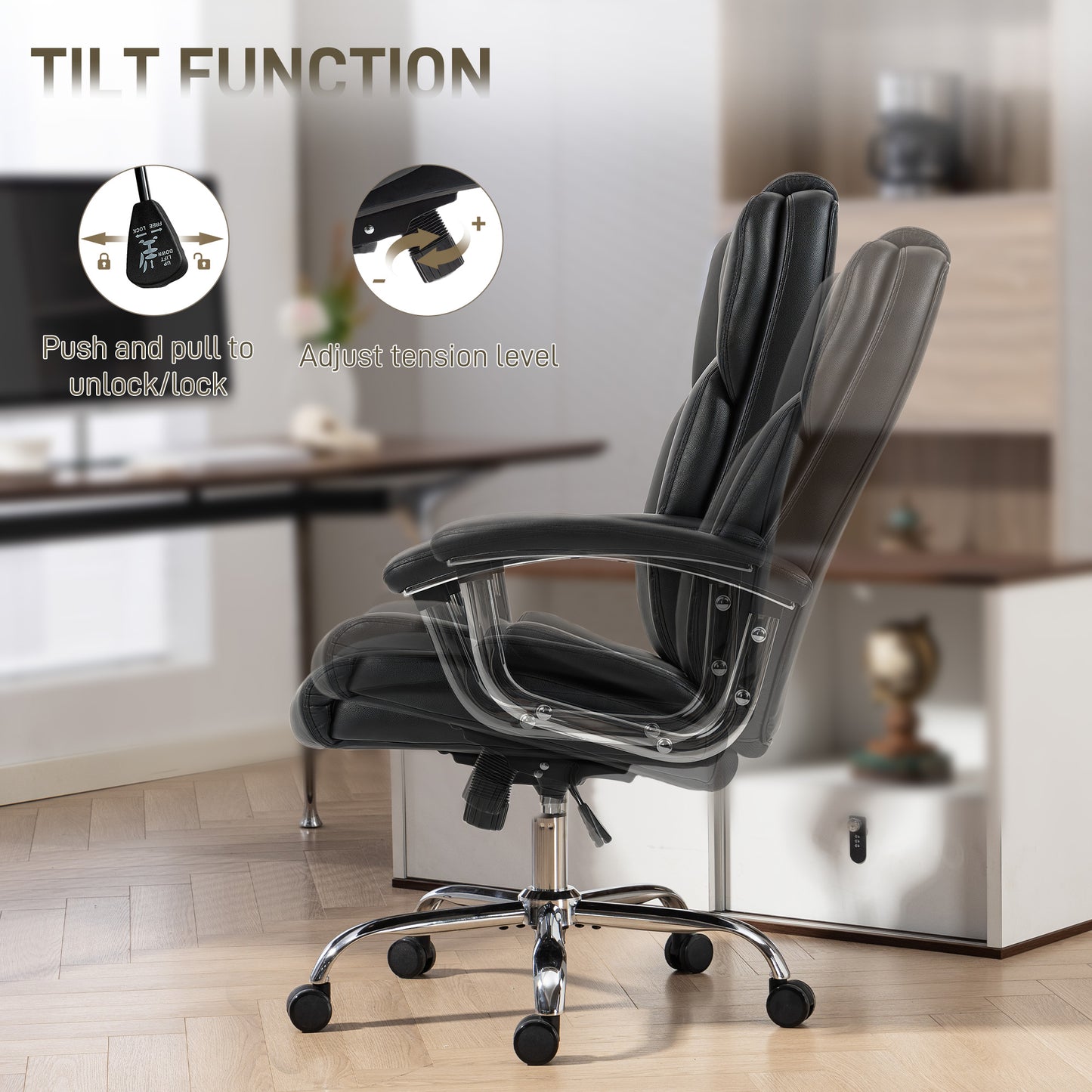 Big and Tall Office Chair 180kg with Spring Cushion, PU Leather - Black