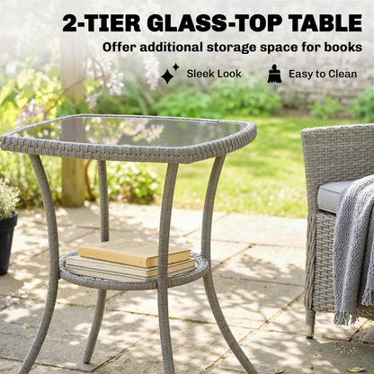 3 Piece Rattan Bistro Set, PE Wicker Garden Furniture Conversation Set with 2 Tier Glass-Top Table, Chairs, Dark Grey