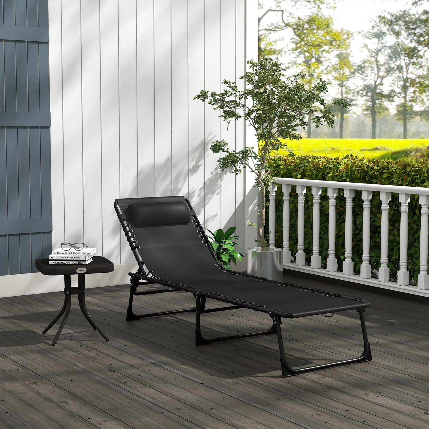 Foldable Sun Lounger, Outdoor 4 Level Adjustable Backrest Reclining Chaise Chair, Steel Frame Recliner Chair for Camping