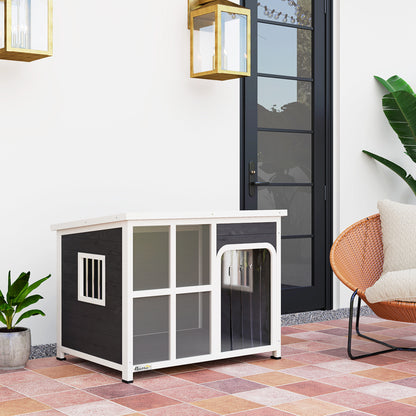 Wooden Outdoor Dog House, with Asphalt Openable Top, Removable Floor, Clear Front Panel, Curtain, 103 x 77 x 83cm