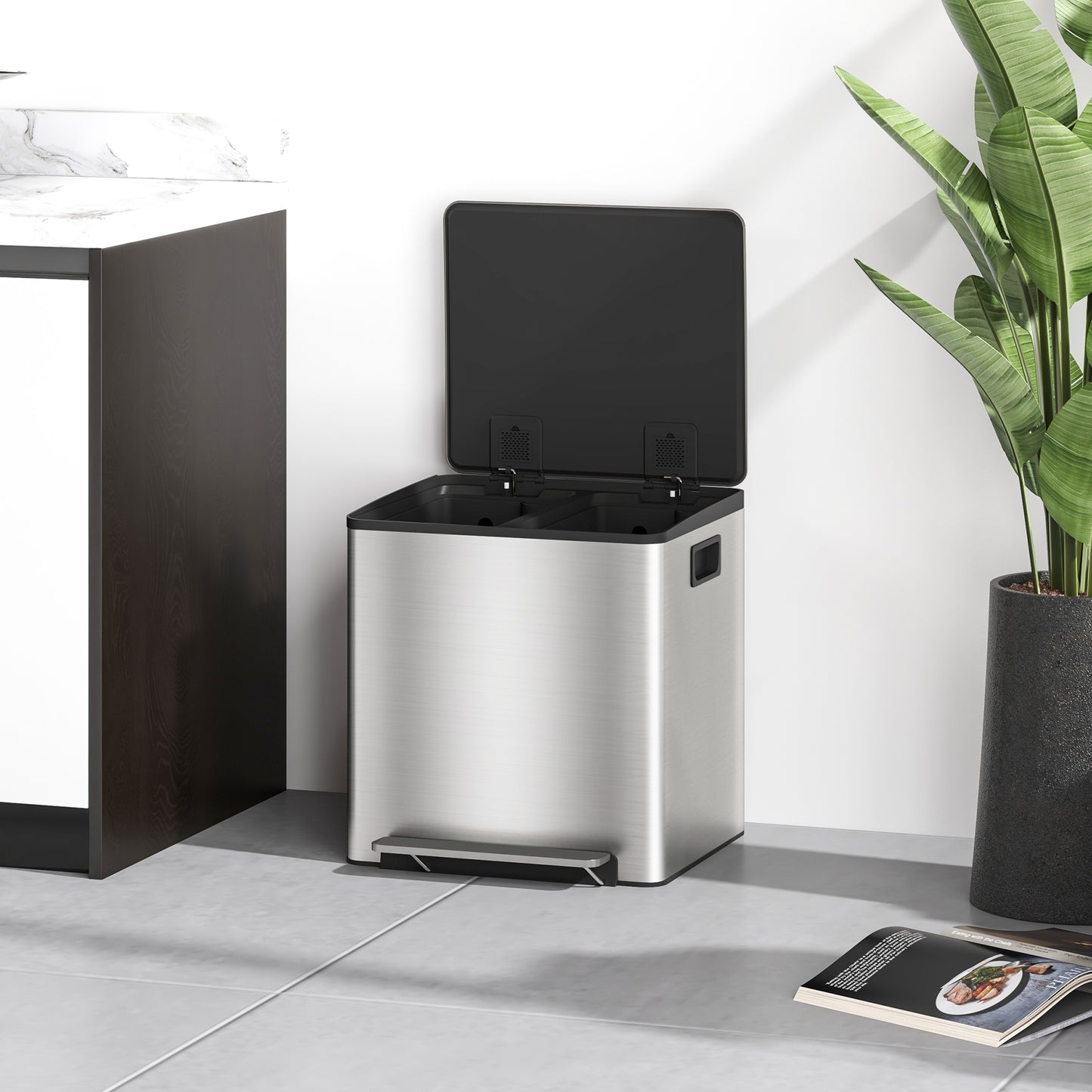 30L Dual Compartment Stainless Steel Bin, with Deodoriser Holders - Silver Tone