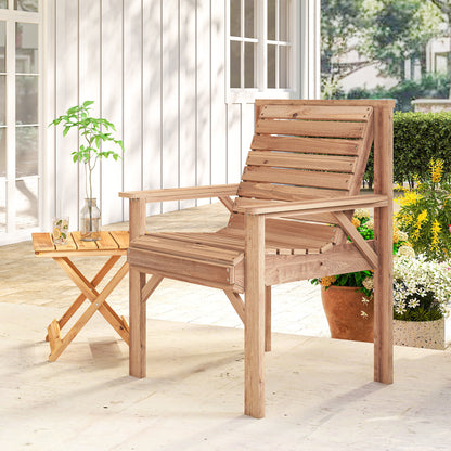 Wooden Garden Dining Chair, Outdoor Chair Garden Armchair with Curved Seat and Wide Armrests, Natural Wood Finish