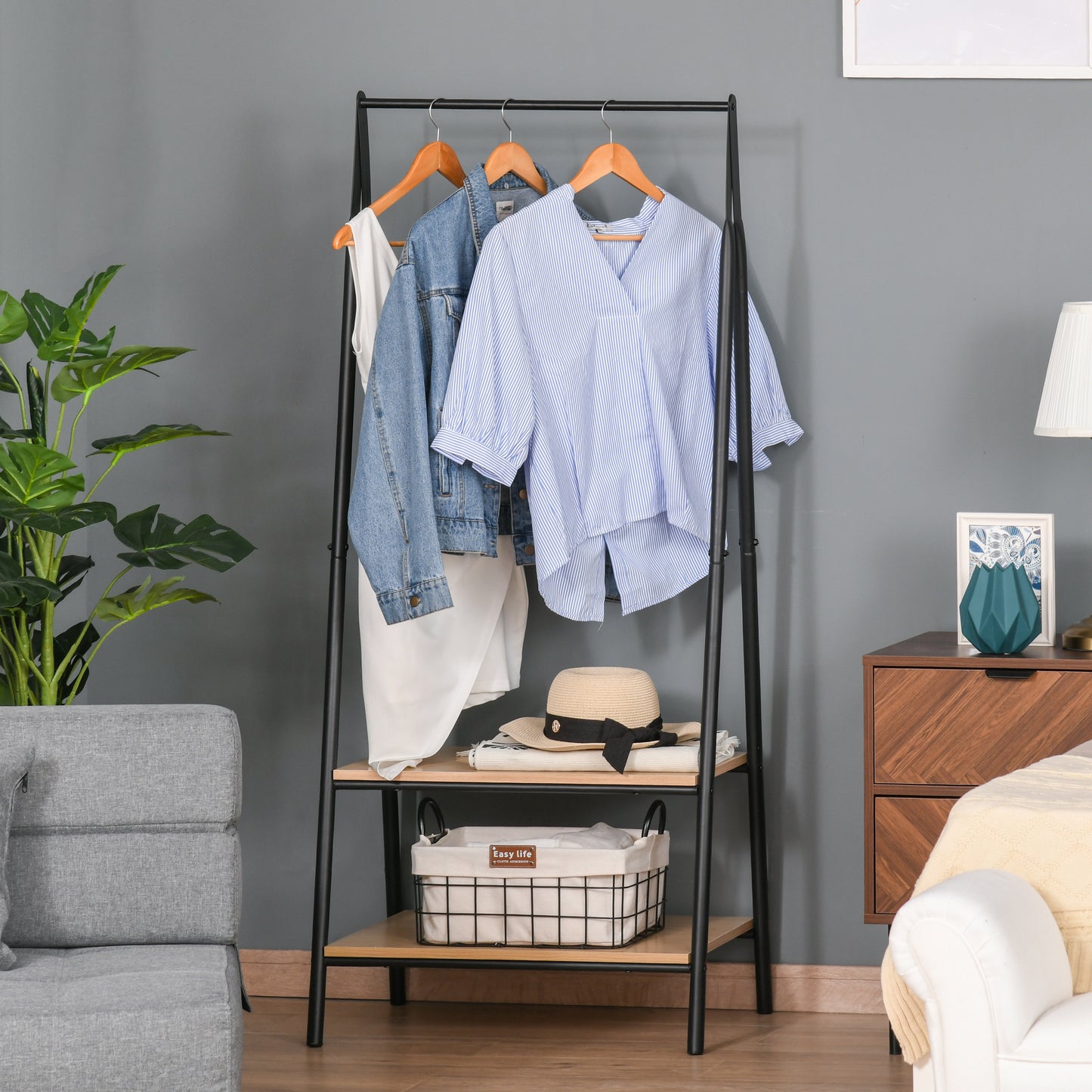 Clothes Rail, Freestanding Metal Clothes Rack with 2 Tier Storage Shelves for Bedroom and Entryway, 64 x 42.5 x 149 cm