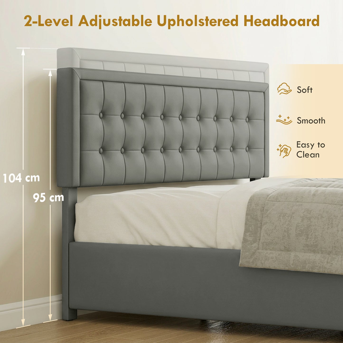 PU Leather King Size Ottoman Bed Frame, with Front Drawer - Grey