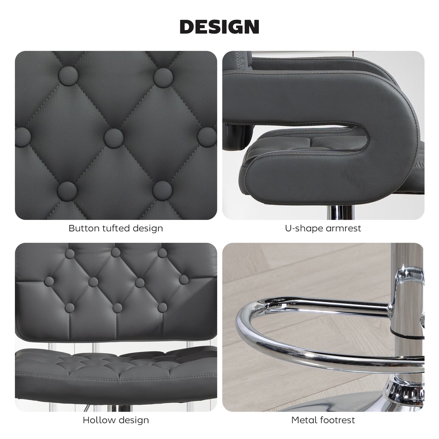 PU Leather Upholstered Swivel Bar Stool, Height Adjustable with Back, Armrest, Footrest, Grey