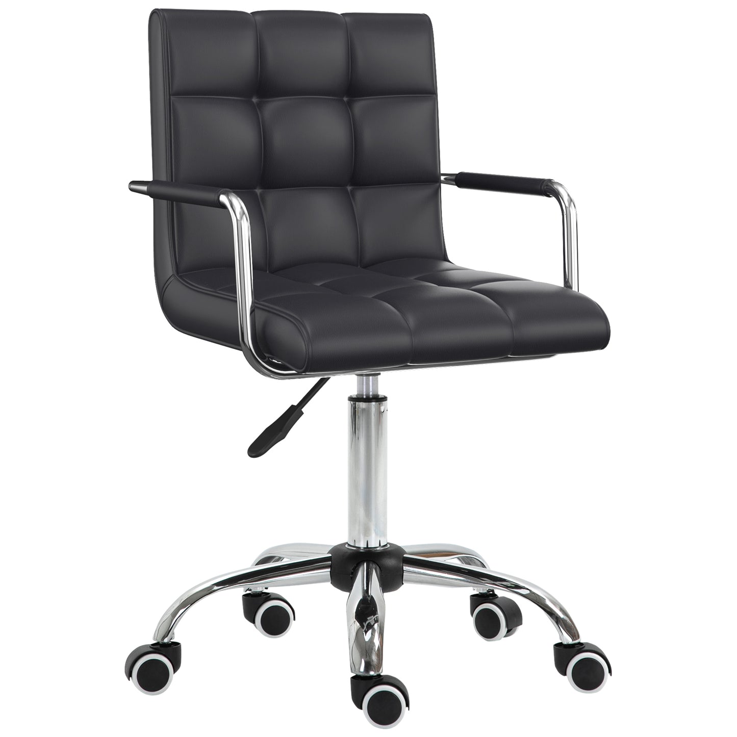 Makeup Vanity Chair, PU Leather Mid Back Office Chair with Adjustable Height, Armrest and Rolling Wheels, Black
