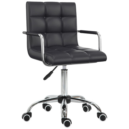 Makeup Vanity Chair, PU Leather Mid Back Office Chair with Adjustable Height, Armrest and Rolling Wheels, Black