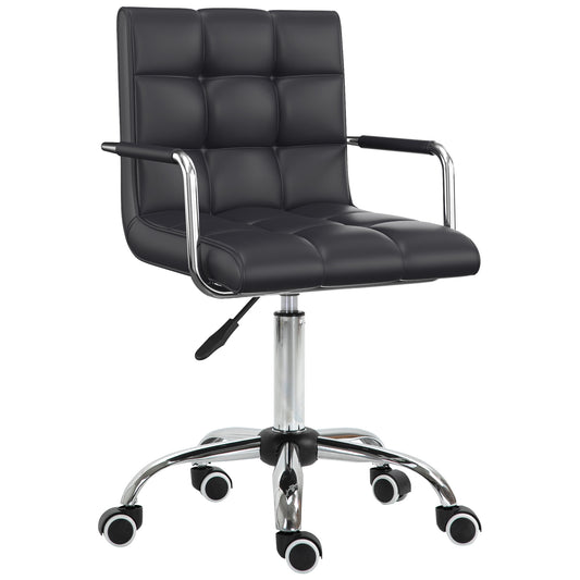 Makeup Vanity Chair, PU Leather Mid Back Office Chair with Adjustable Height, Armrest and Rolling Wheels, Black