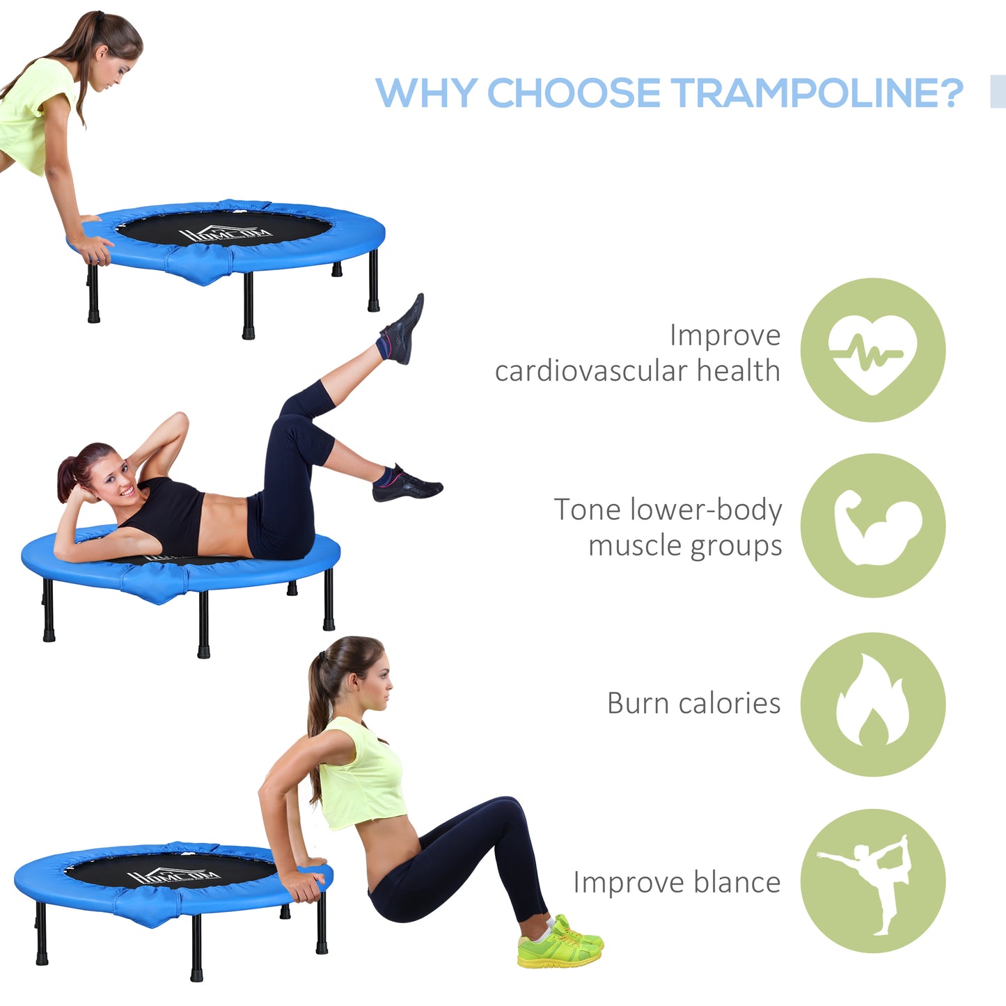 40" Mini Fitness Trampoline Home Gym Yoga Exercise Rebounder Indoor Outdoor Jumper with Safety Pad, Support Up to 150 KG
