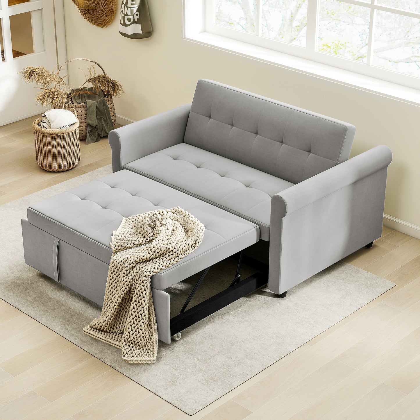 Two-Seater Velvet-Feel Sofa Bed - Grey