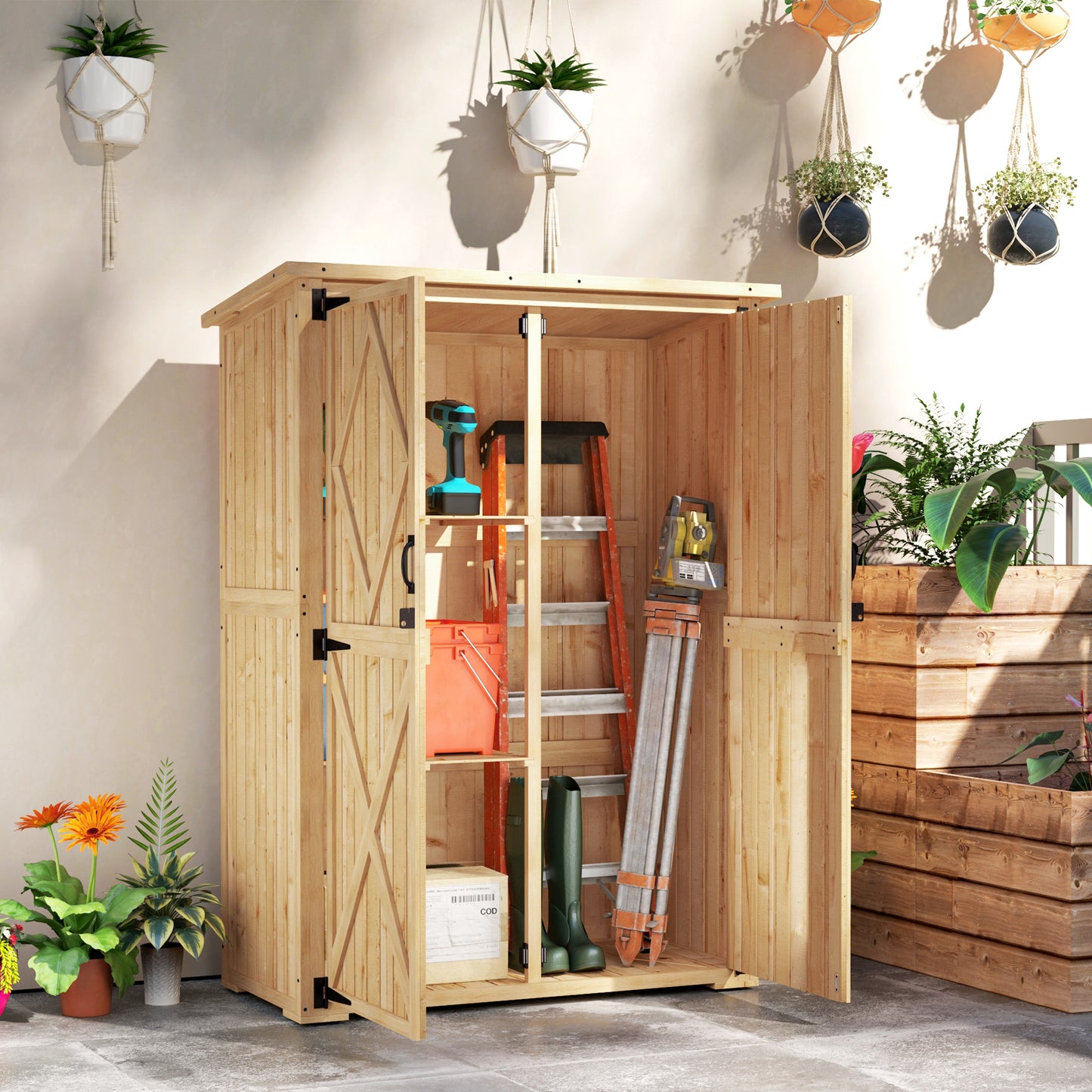 Wooden Garden Storage Shed, Tool Storage Cabinet with Asphalt Roof and 2 Shelves for Garden Tools, Equipment
